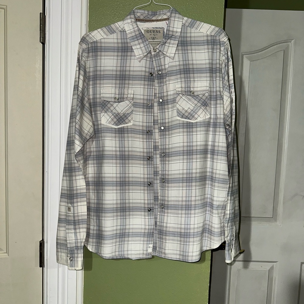 Guess Casual White and Gray Button Down Shirt